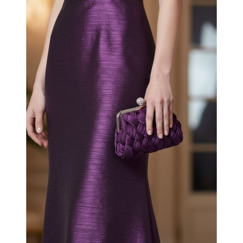 Evening Bag - Sophisticated Woven Satin Evening Clutch with Jeweled Ball Clasp - BG-AF12601PL